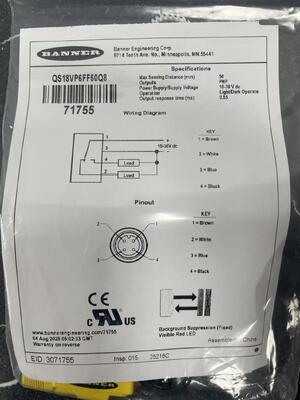 BANNER QS18VP6FF50Q8 Wysoce niezawodny czujnik fotoelektryczny o stałym polu działania